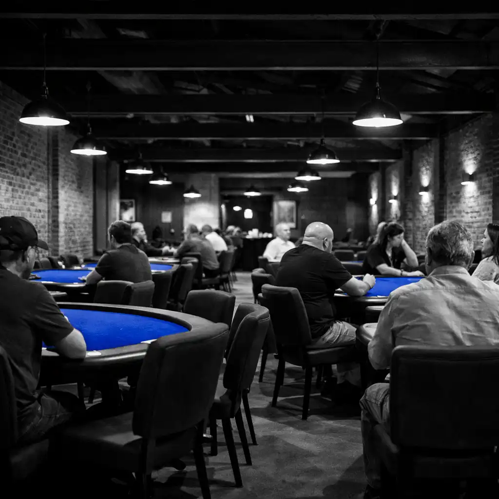 Ozplayy warehouse-style card room with brick walls, charcoal structure and cobalt felt tables
