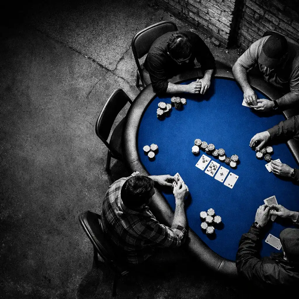 Overhead view of people gathered around a cobalt felt poker table in a physical card room.
