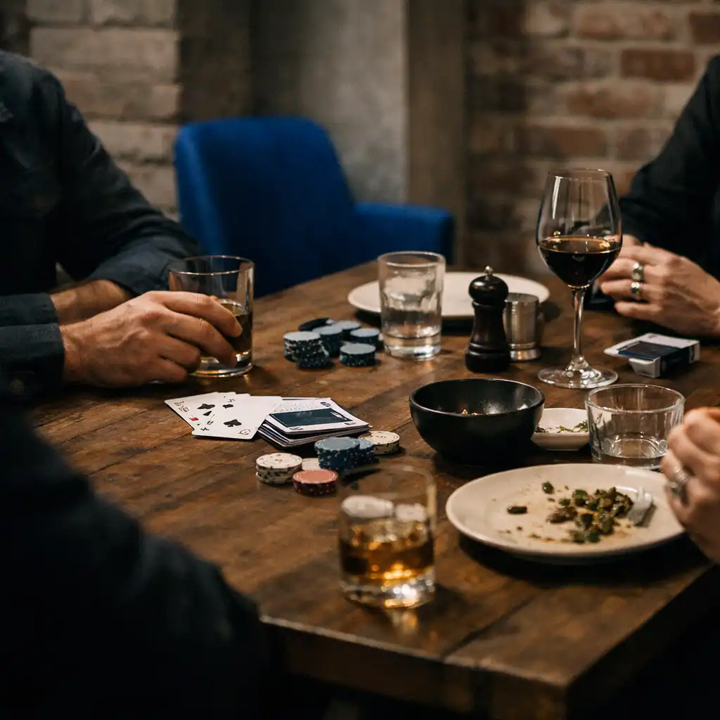 A warehouse restaurant table with brick walls and a subtle cobalt chair detail.