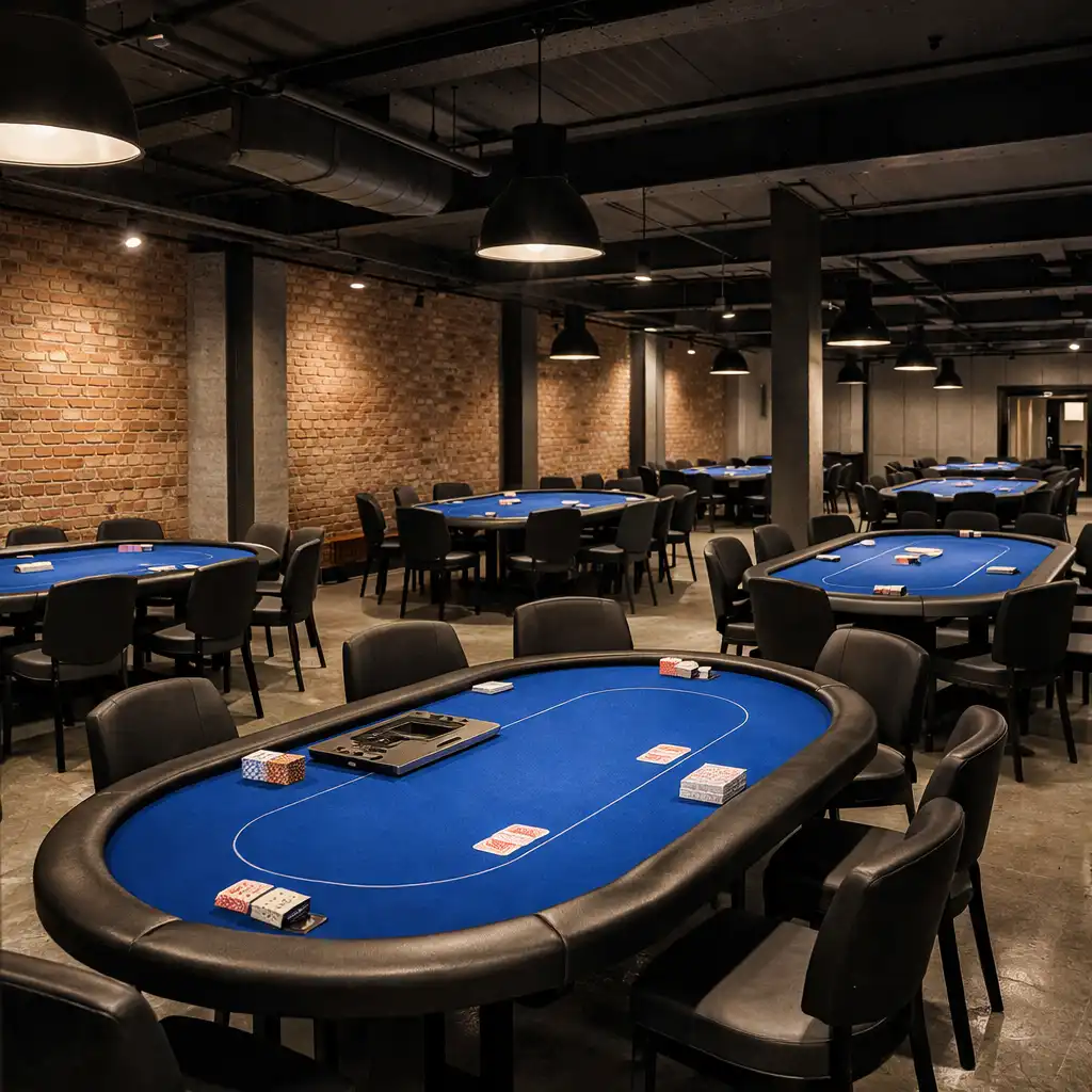 Wide view of the dedicated ozplayy card room with prepared poker tables and cobalt felt
