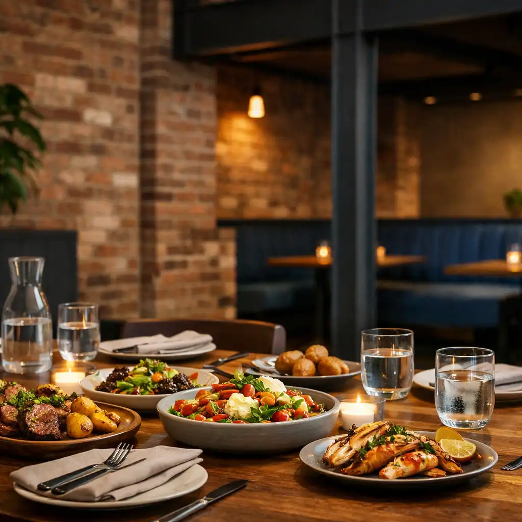 Warmly set restaurant table with plated food and exposed brick inside the ozplayy warehouse venue
