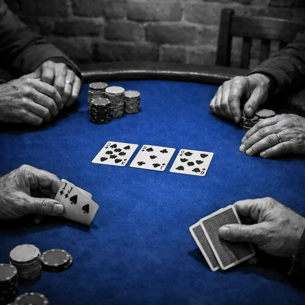 Adult hands, cards and neutral poker chips around a cobalt felt table in ozplayy’s physical card room