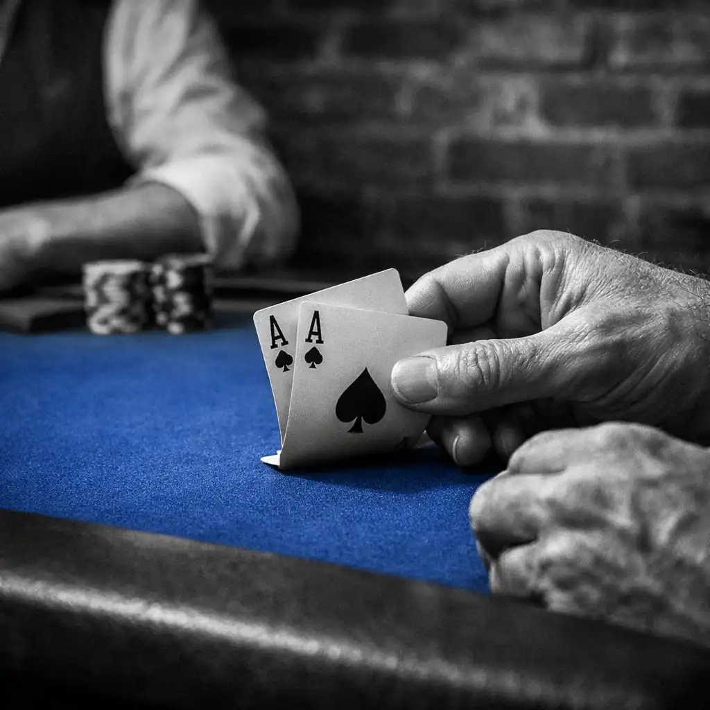 Hands holding physical cards over cobalt felt in the ozplayy card room