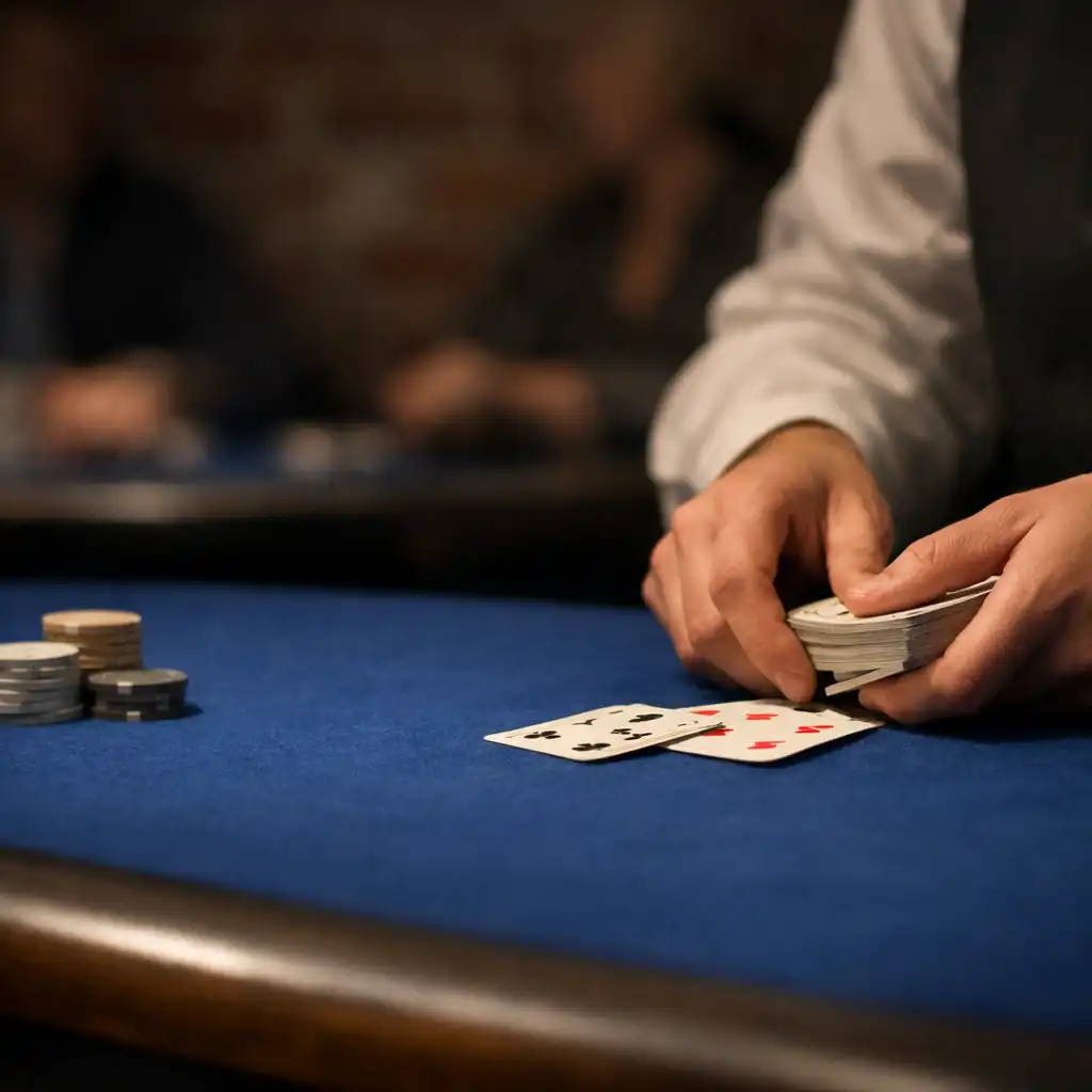 Dealer hands guiding real cards across cobalt felt