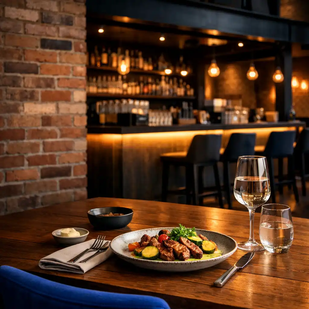 Warm dining table and brick interior within ozplayy’s restaurant and bar venue