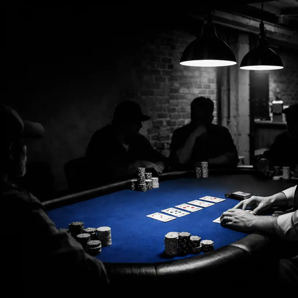 Dealer hands, real cards and cobalt felt at a physical poker table in ozplayy’s card room