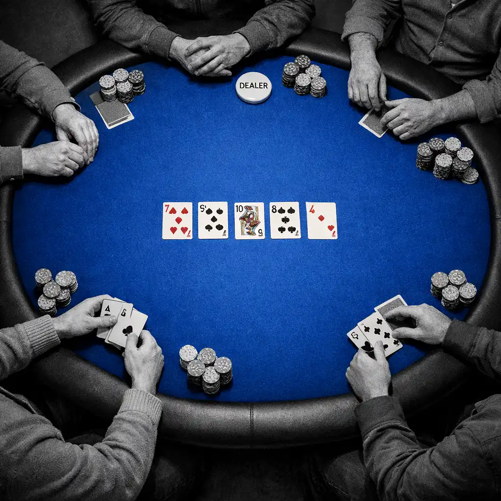 Overhead view of cards, chips and arms around a cobalt felt poker table