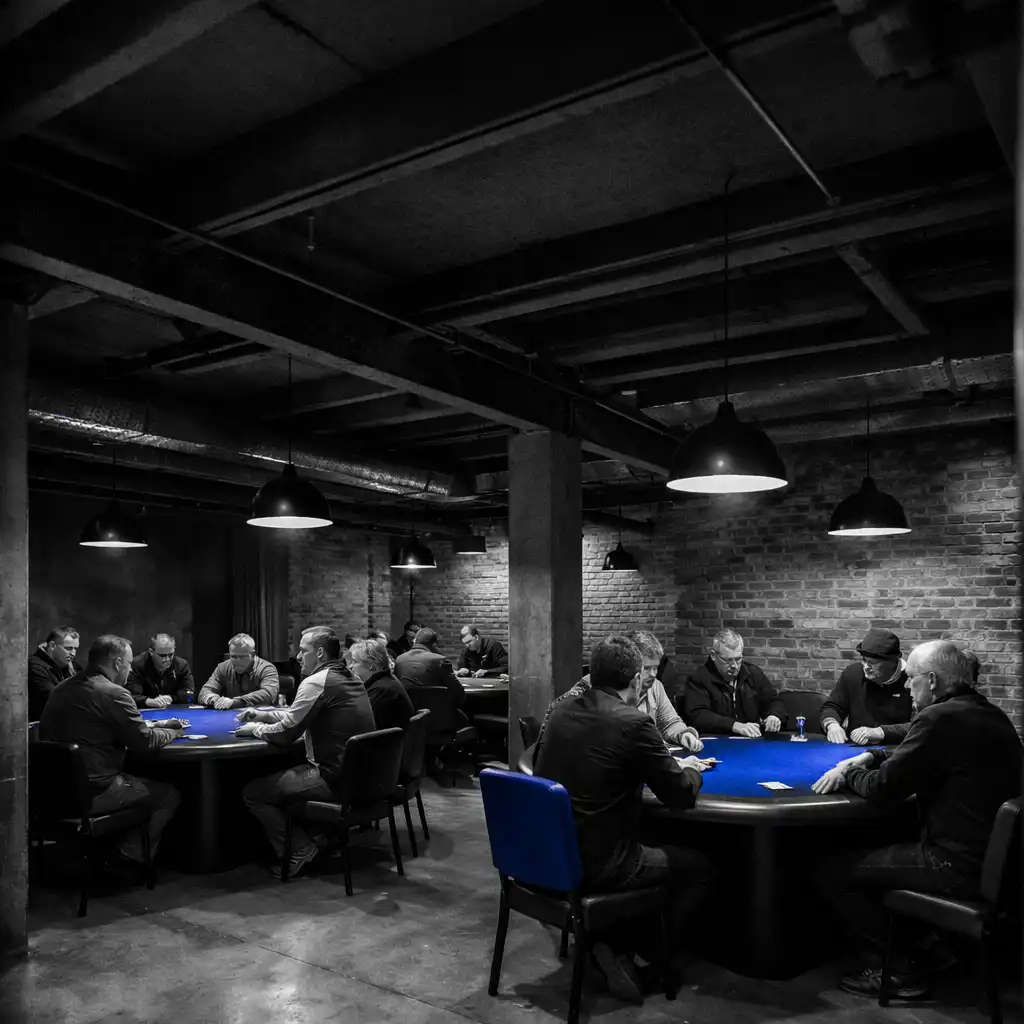 Wide view of physical poker tables in ozplayy’s warehouse-style card room