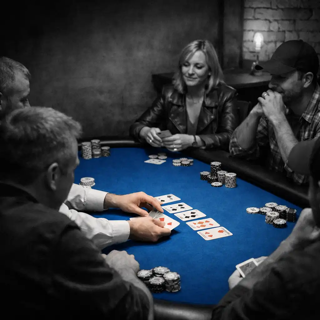 Adults gathered around a physical poker table with dealer hands and cobalt felt