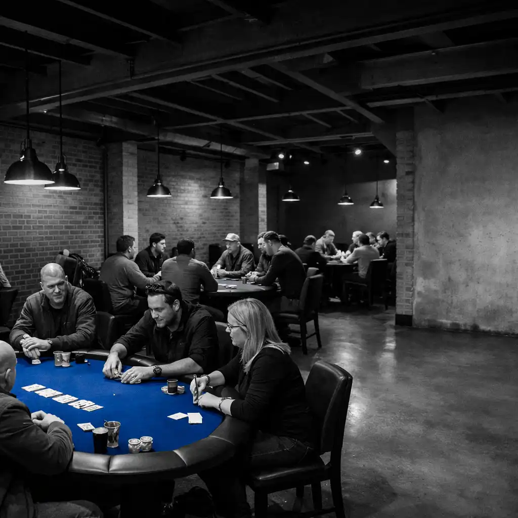 Wide view across ozplayy’s warehouse-style physical poker card room at night