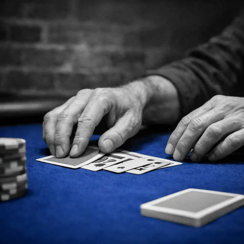 Hands arranging cards on cobalt felt at a physical poker table