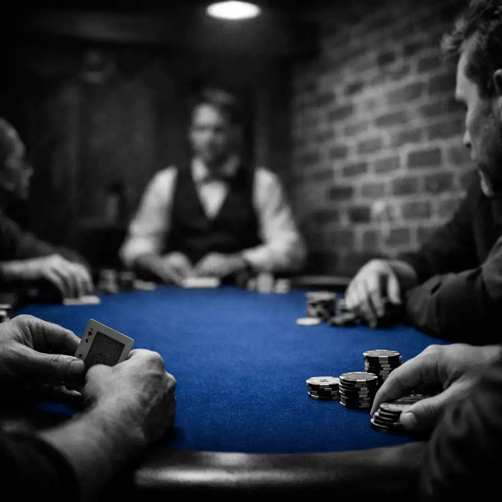 Adult players gathered around a cobalt-felt poker table in ozplayy’s physical card room