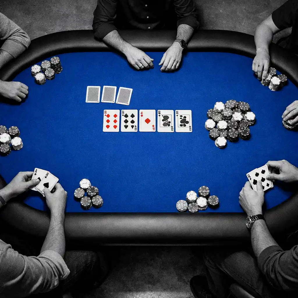 Overhead view of adult participants around a cobalt-felt live poker table