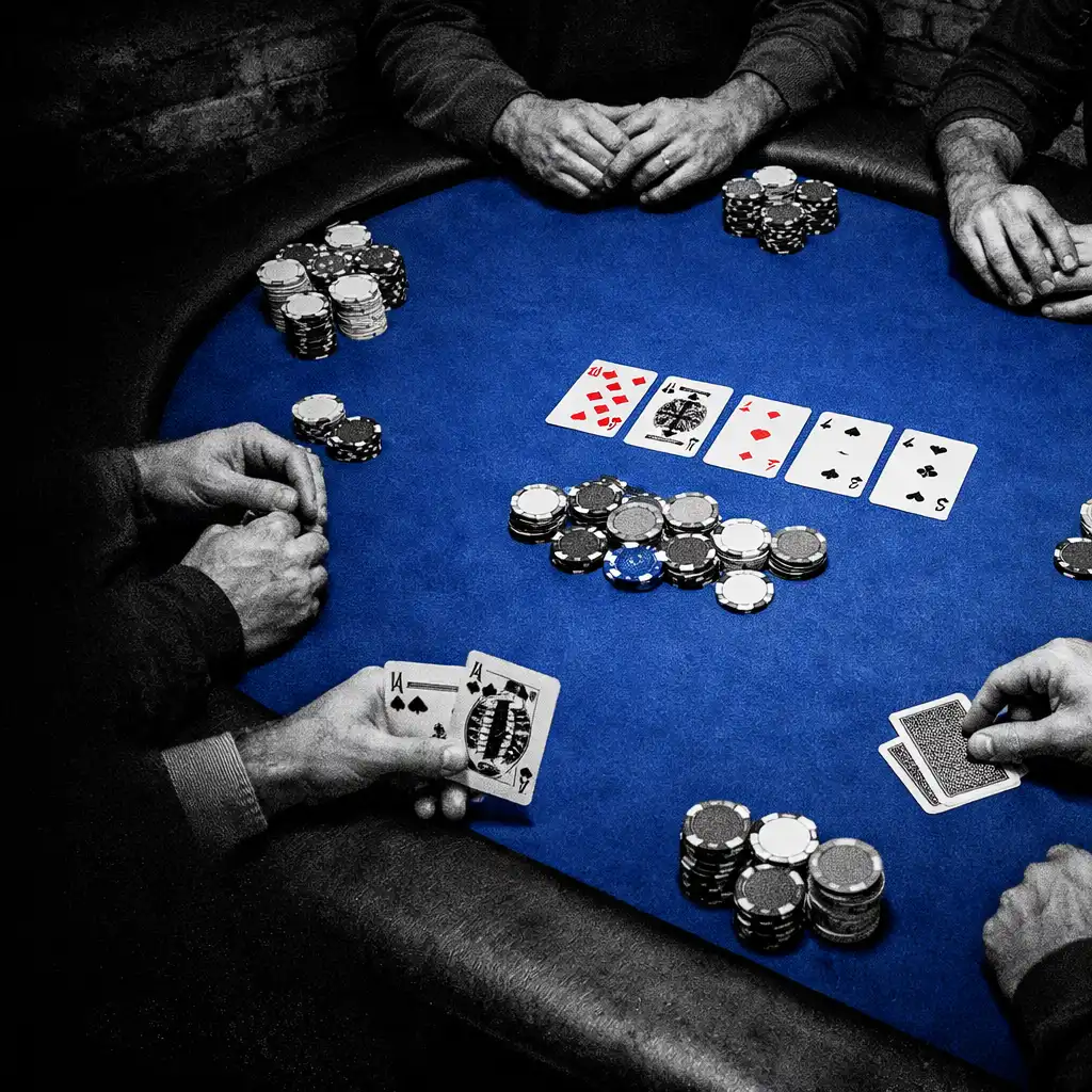 Overhead view of hands, physical cards and cobalt felt at an ozplayy poker table