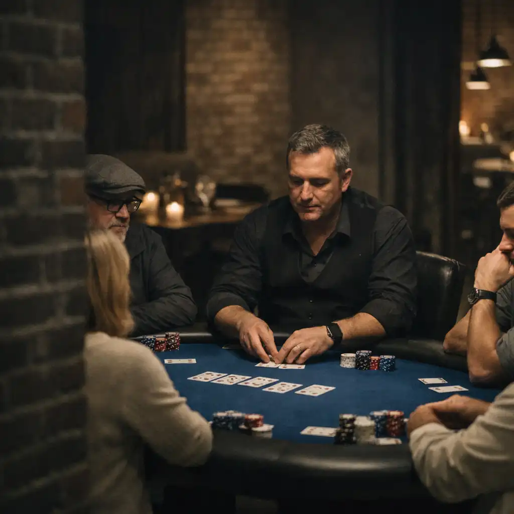 Private group gathered around a physical poker table in a brick warehouse venue