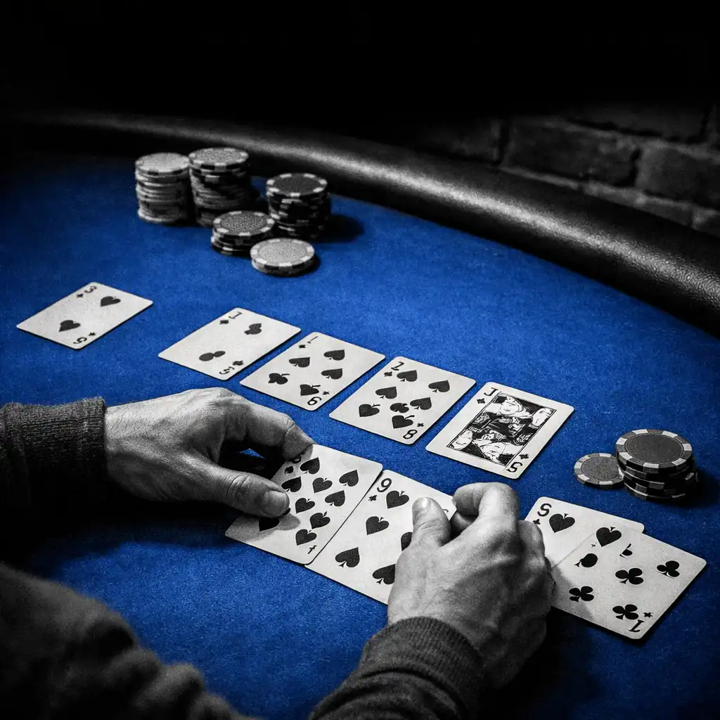 Hands arranging physical playing cards on cobalt felt at a poker table
