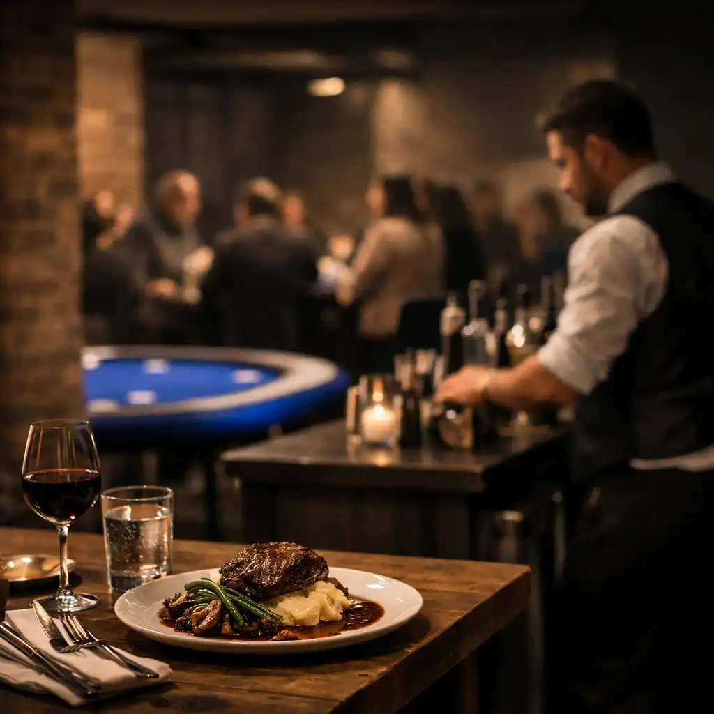 Plated food and bar service at ozplayy with a cobalt poker table detail in the background