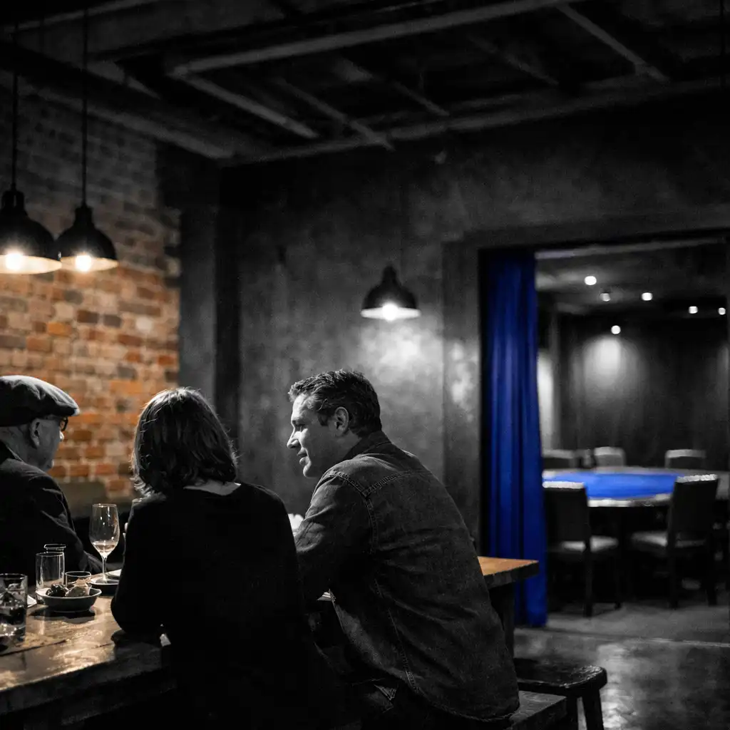 Guests in relaxed conversation around a timber table in ozplayy's brick and charcoal bar area