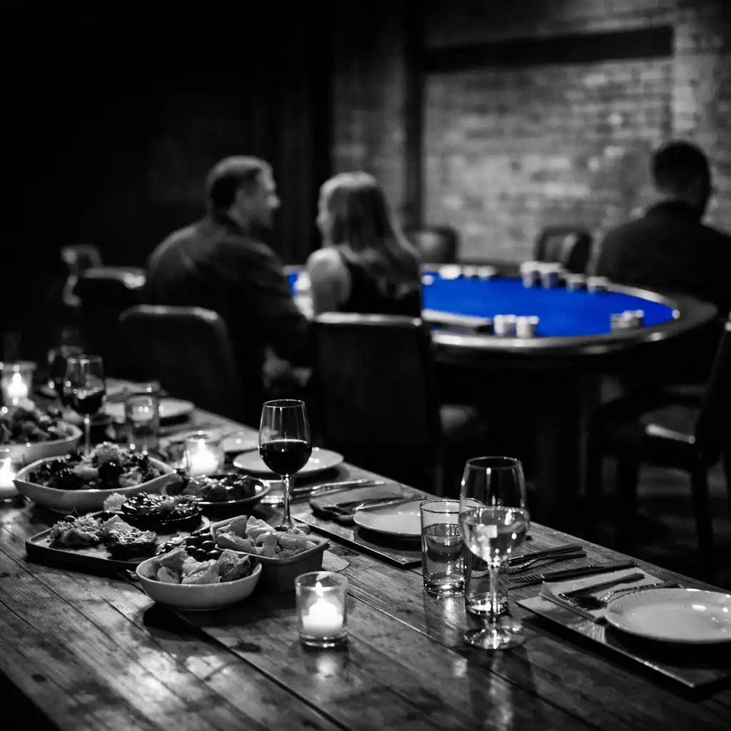 Timber restaurant table in the foreground with a cobalt-felt poker table visible deeper in ozplayy's physical venue