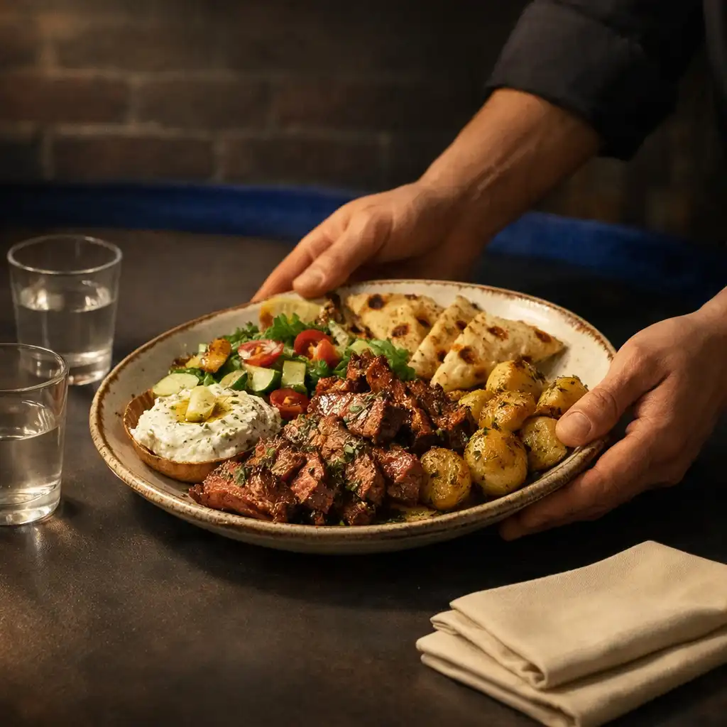 Hands placing a shared restaurant plate on a table with ivory napkins and a restrained cobalt detail