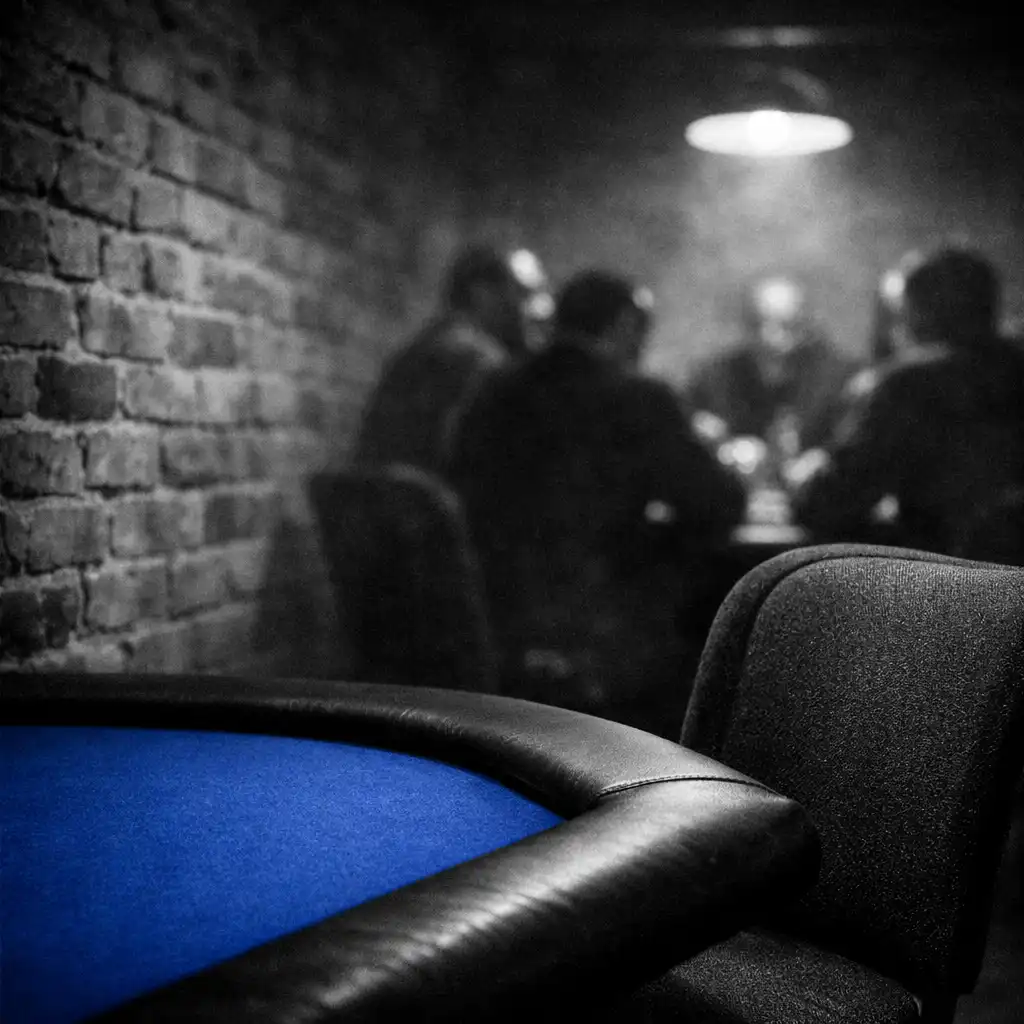 Cobalt-felt table corner and charcoal chair against exposed brick