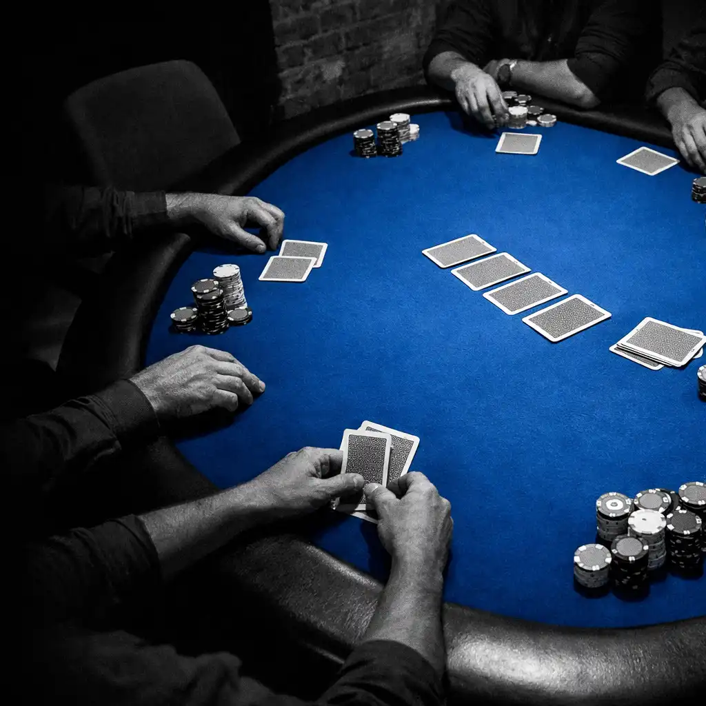 Hands around a physical Texas Hold’em table with cobalt felt in ozplayy’s card room