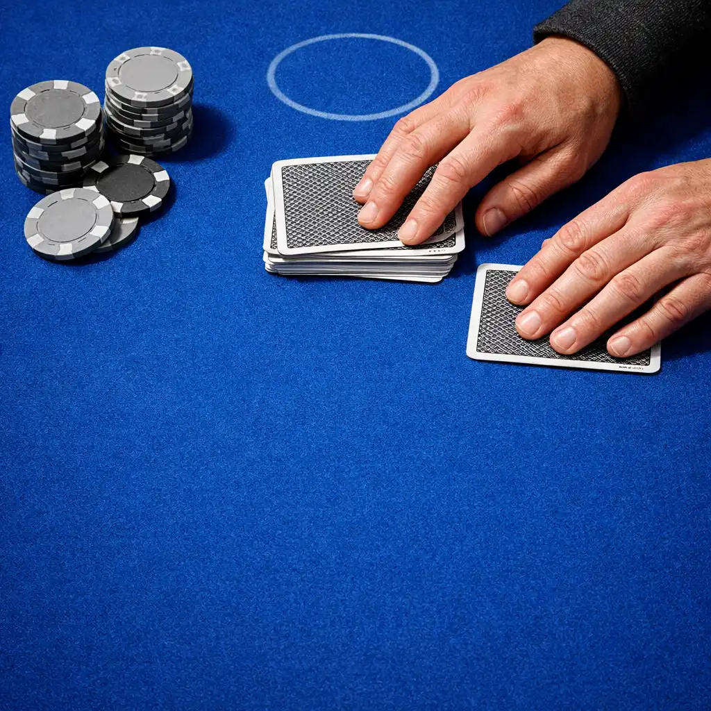 Close view of hands, cards and chips on cobalt poker felt