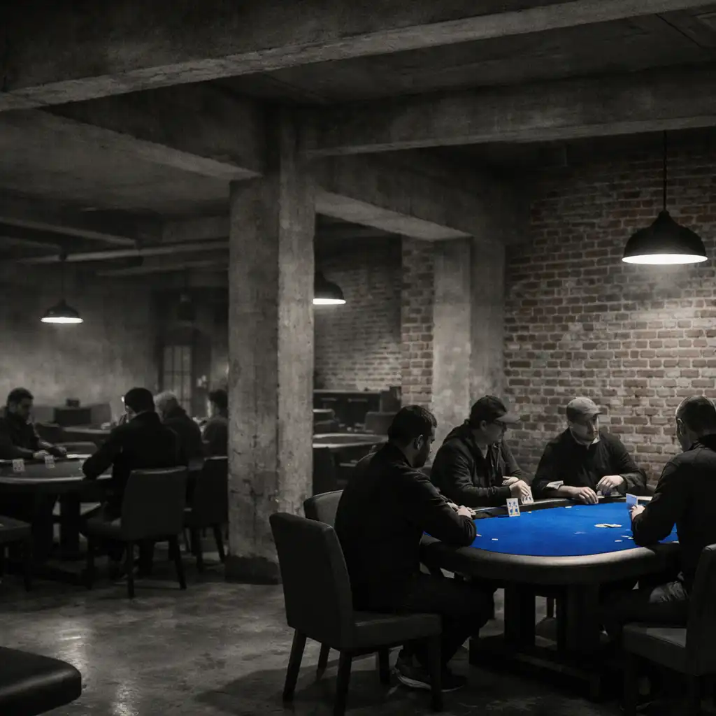 Warehouse-style card room with poker tables, charcoal chairs and an exposed brick backdrop